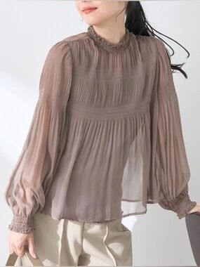 Earth Music & Ecology Sheer Smocked High-Neck Taupe Layering Blouse One Size
